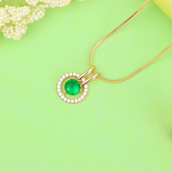 "Round Green Pendant with Halo Stones in Gold Finish for Elegant Look, XPPT1714 - Picture 4 of 13